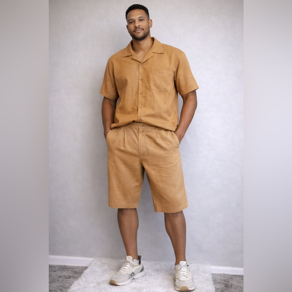 Daniel Ellissa Men’s Linen 2 Piece Set Shirt Shorts Resort Outfit Size 32 Y2K